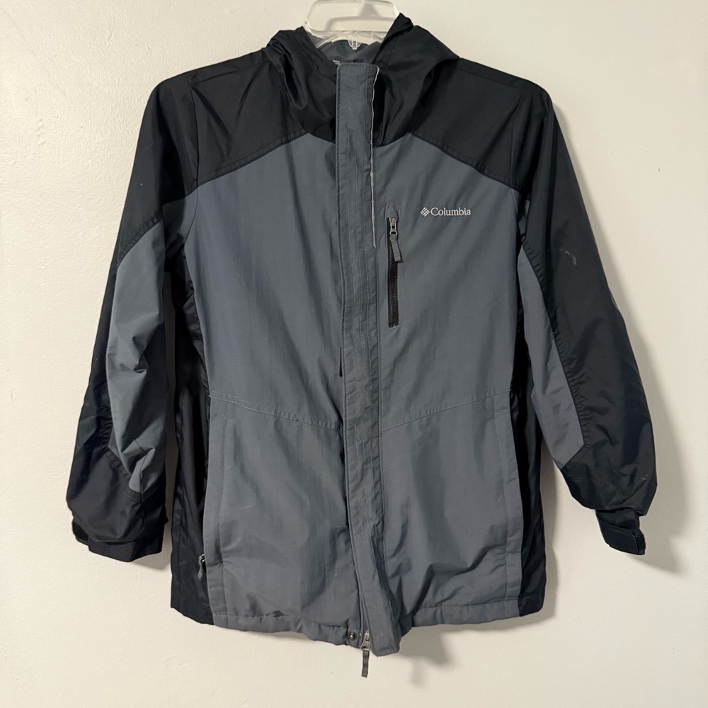 Columbia Boys Black Gray Zip Front Jacket Softshell Hooded Windbreaker L (14-16)